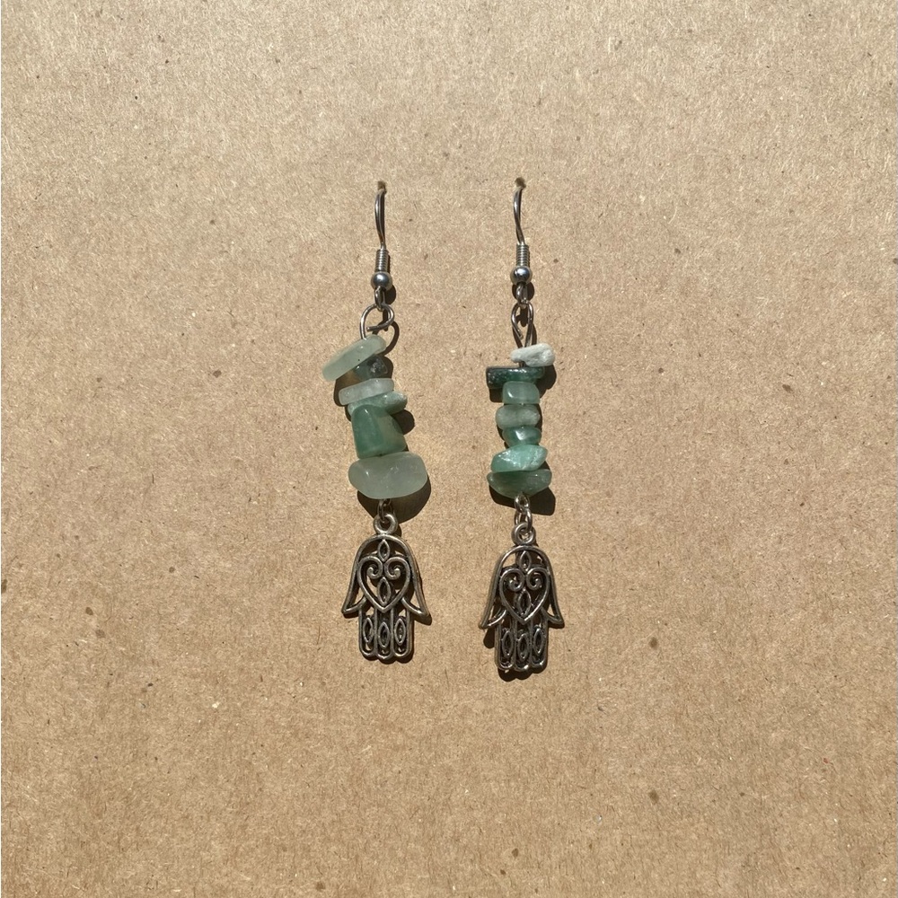 Handmade green aventurine evil eye hand earrings